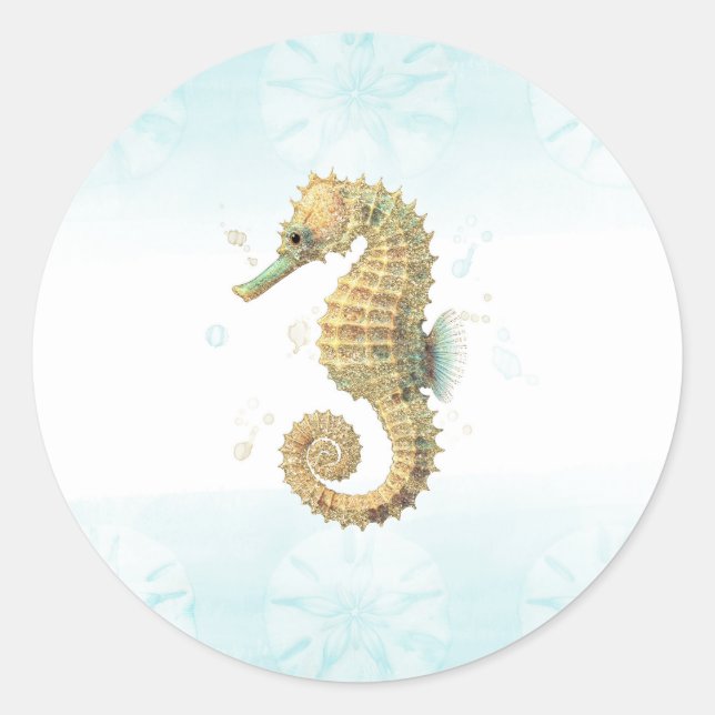 Sticker Rond Seahorse Turquoise & Gold Watercolor Plage côtière (Devant)