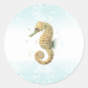Sticker Rond Seahorse Turquoise & Gold Watercolor Plage côtière