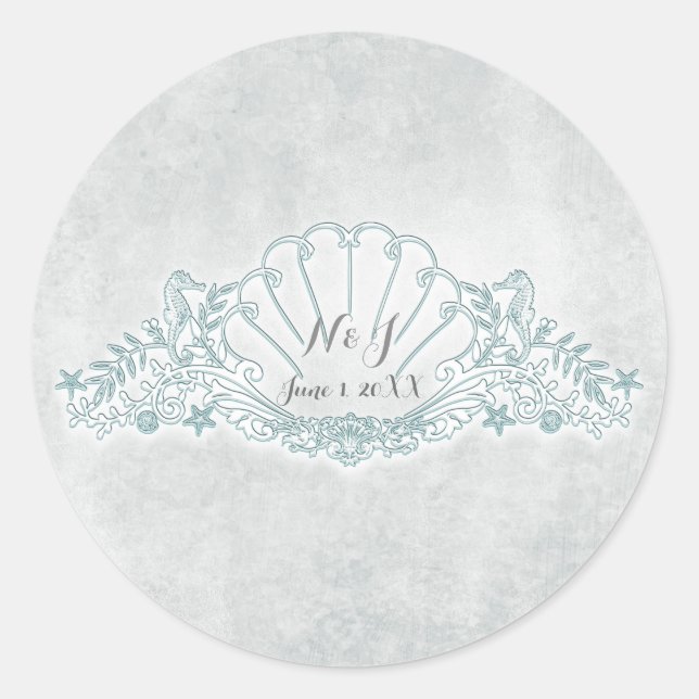 Sticker Rond Seahorses & Seashell Beach Mariage Favoriser (Devant)