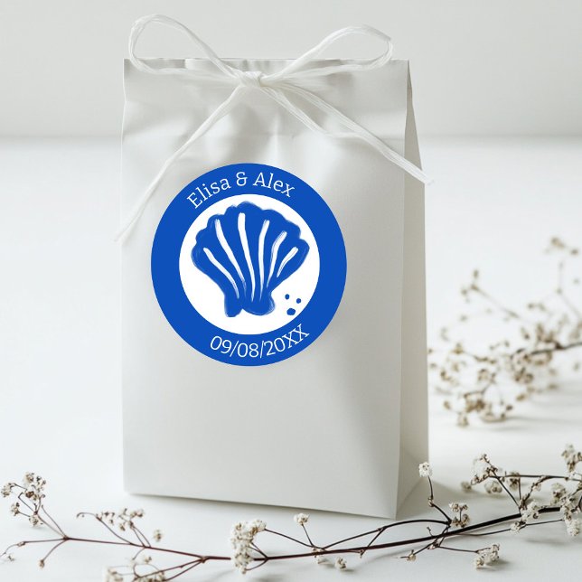 Sticker Rond Seashell Beach Wedding Bleu Blanc CUSTOM (Seashell Beach Wedding Blue White CUSTOM Classic Round Sticker
)
