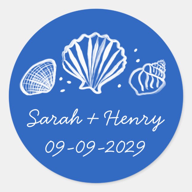 Sticker Rond Seashells Beach Wedding Blue White CUSTOM  (Devant)