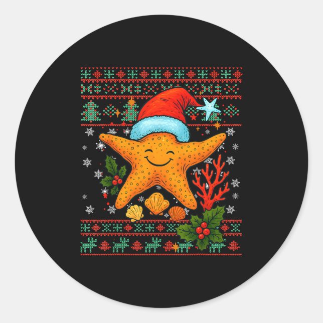 Sticker Rond Seashells Christmas Ocean Water Starfish Ugly Xmas (Devant)