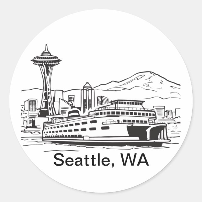 Sticker Rond Seattle Ferry & Skyline Line Art Washington State (Devant)