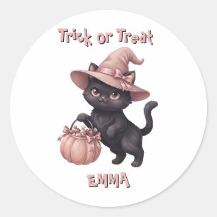 Sticker Rond Seau de bonbons Chat Noir pour Trick or Treat