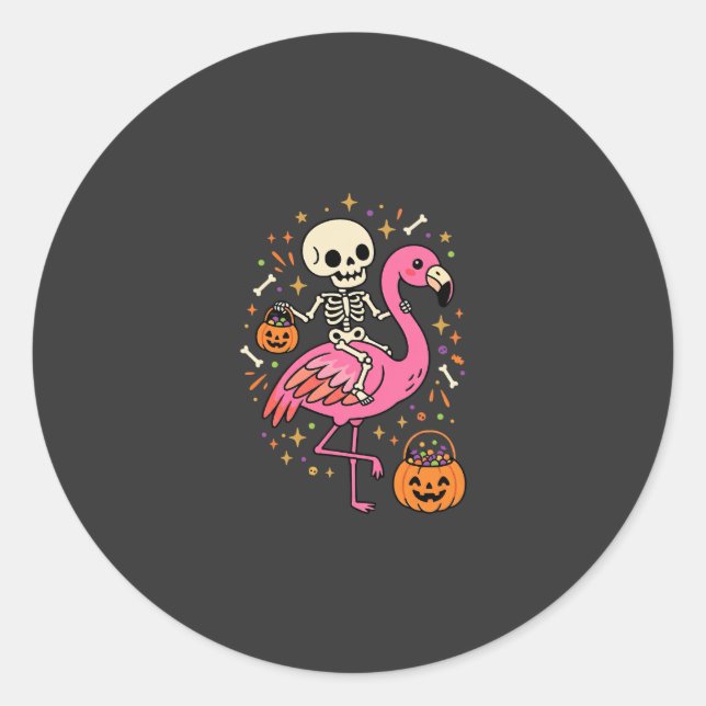 Sticker Rond Seau de Bonbons Squelette de Flamant Rose Hallowee (Devant)