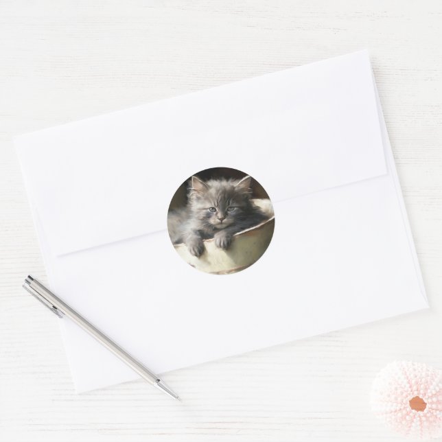 Sticker Rond Seau Plein De Joie Sweet Grey Kitten (Enveloppe)