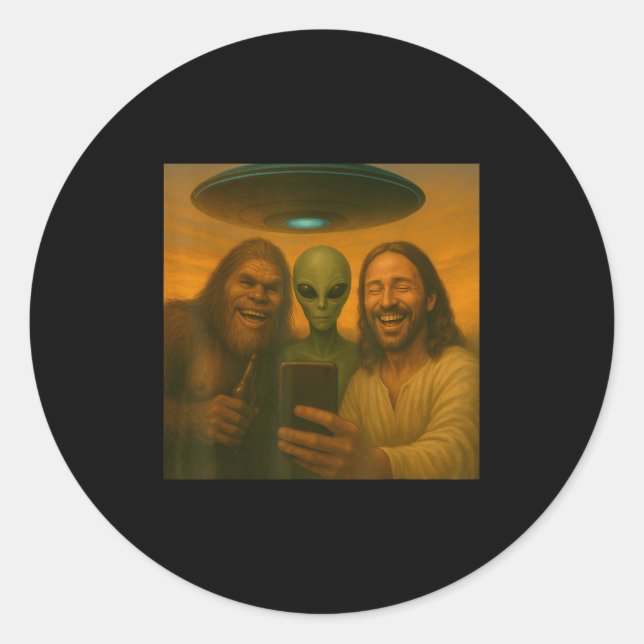 Sticker Rond Selfie Bigfoot Jésus Alien - Cryptid Funny Sasquas (Devant)