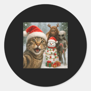 Sticker Rond Selfie Chat De Noël Drôle Avec Alien Bigfoot &amp
