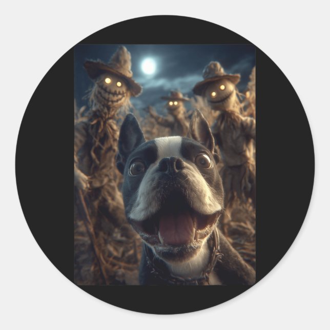 Sticker Rond Selfie de Boston Terrier avec des épouvantails eff (Devant)