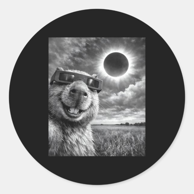 Sticker Rond Selfie de capybara drôle animal éclipse solaire gr (Devant)