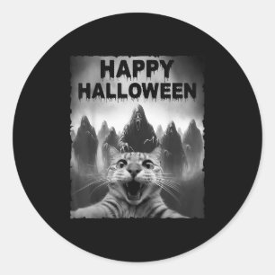 Sticker Rond Selfie De Chat Drôle Avec Fantômes Jour Du Costume
