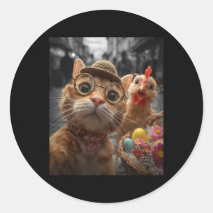 Sticker Rond Selfie de chat et de poulet Œufs de Pâques vintage