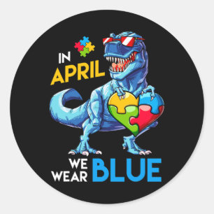Sticker Rond Sensibilisation à l'autisme Trex Dino Dinosaure Di