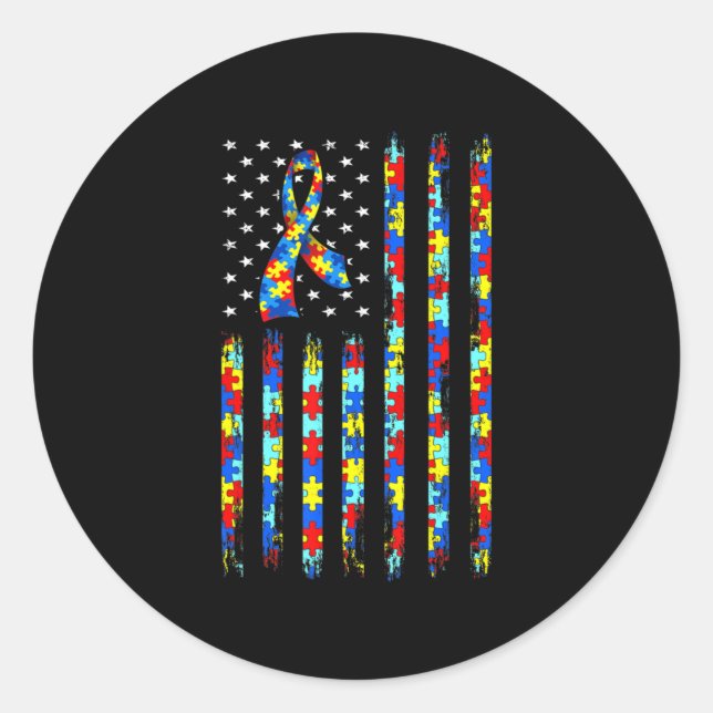 Sticker Rond Sensibilisation sur l'autisme Chemise Drapeau Amér (Devant)