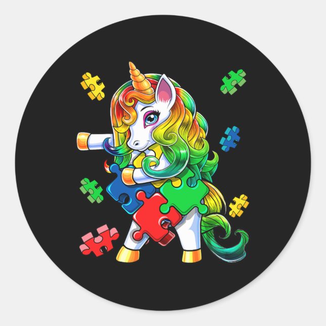 Sticker Rond Sensibilisation sur l'autisme Flossant Unicorn Puz (Devant)