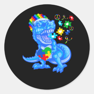 Sticker Rond Sensibilisation sur l'autisme Mois Bleu Dinosaure