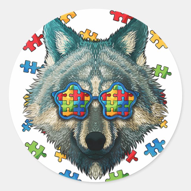 Sticker Rond Sensibilisation sur l'autisme Wolf Puzzle Lunettes (Devant)