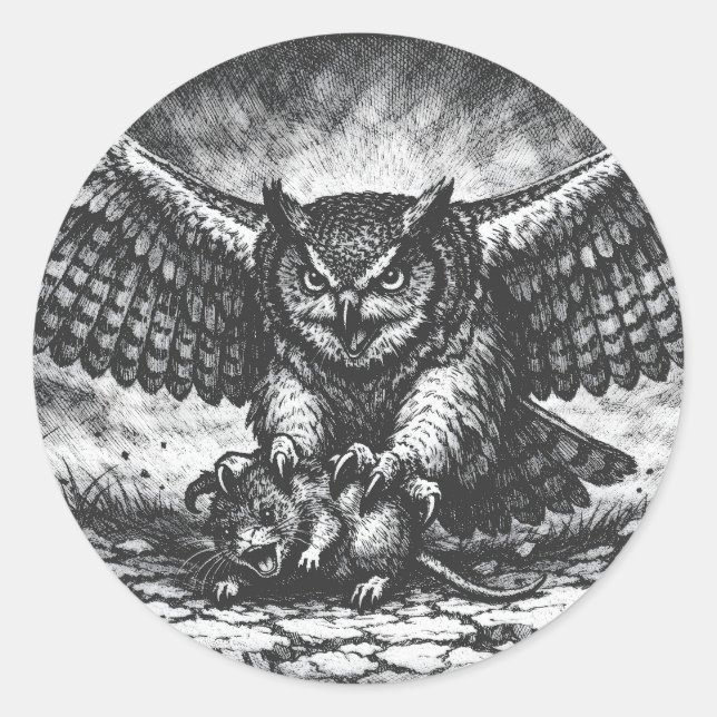 Sticker Rond Sentinelle Hibou ailé par BurnsInHell (Devant)