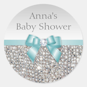 Sticker Rond Séquences d'argent Baby shower de diamant Turquois