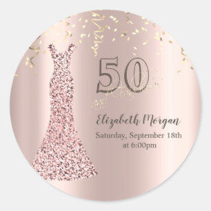 Sticker Rond Sequins Robe Rose Or 50e Anniversaire