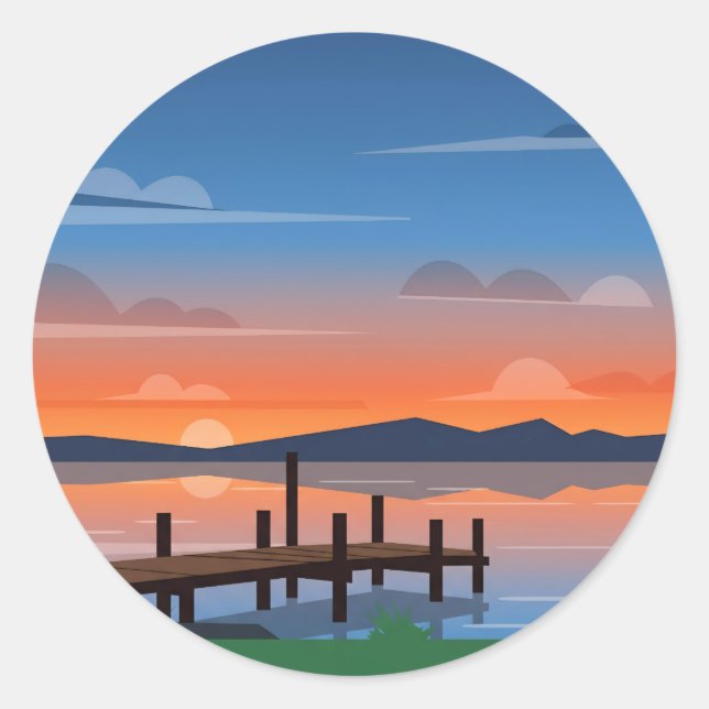 Sticker Rond Serene Orange Lake Sunset Dock Scene (Devant)