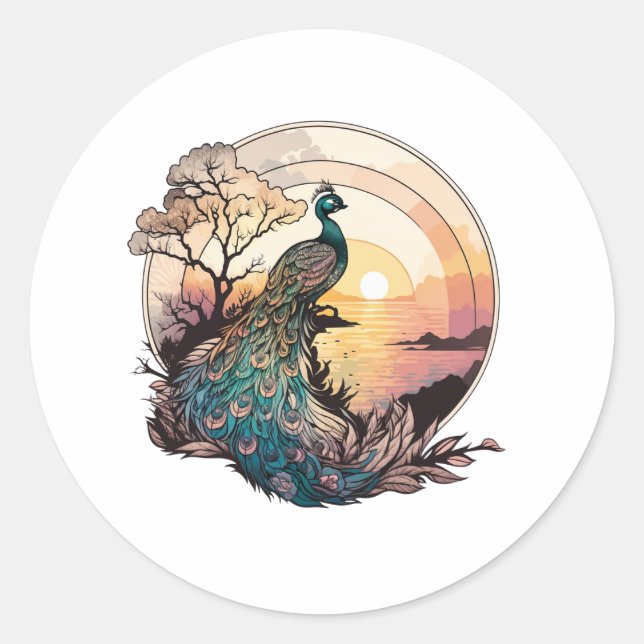 Sticker Rond Serenity at Sunrise : Peacock Inspiré d'oeuvres d' (Devant)