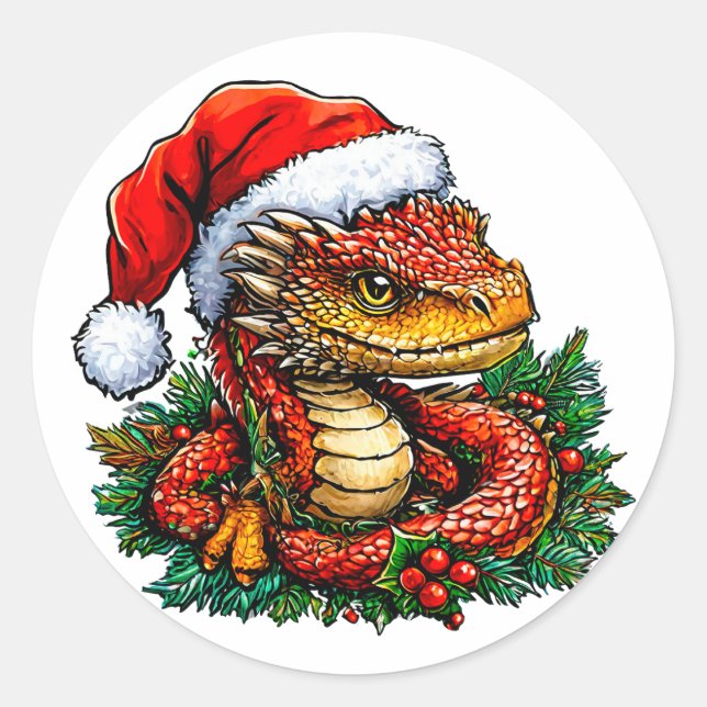 Sticker Rond Serpent de Noël Cadeau Unique d'Animal d'Hiver (Devant)
