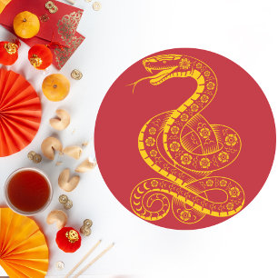 Sticker Rond Serpent d'or floral sur rouge