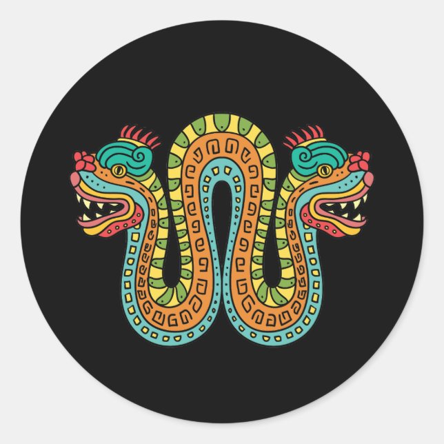 Sticker Rond Serpent Double Tête Aztèque Mexique Art (Devant)