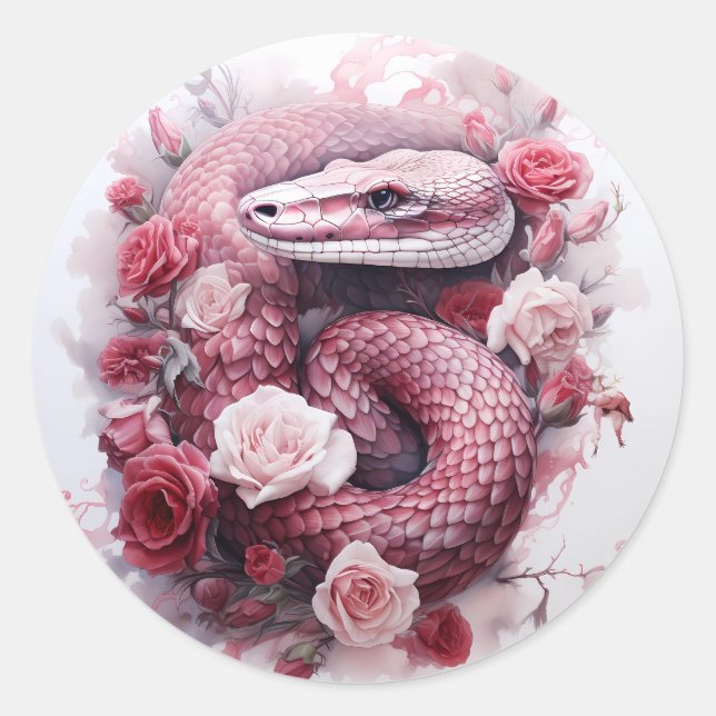 Sticker Rond Serpent en Rose Aquarelle Goth (Devant)