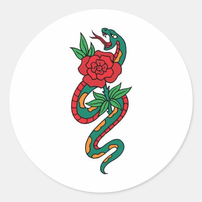 Sticker Rond Serpent enveloppé autour d'un tatouage rose rouge (Devant)
