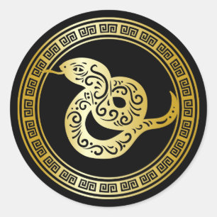 Sticker Rond Serpent zodiaque d'or sur noir avec cadre