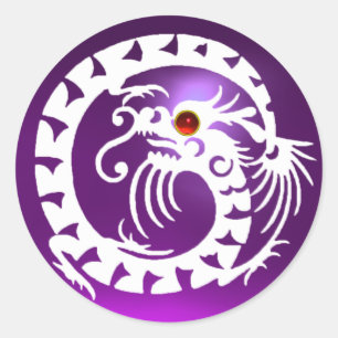 Sticker Rond SERPENTEZ LE DRAGON, blanc, améthyste pourpre,