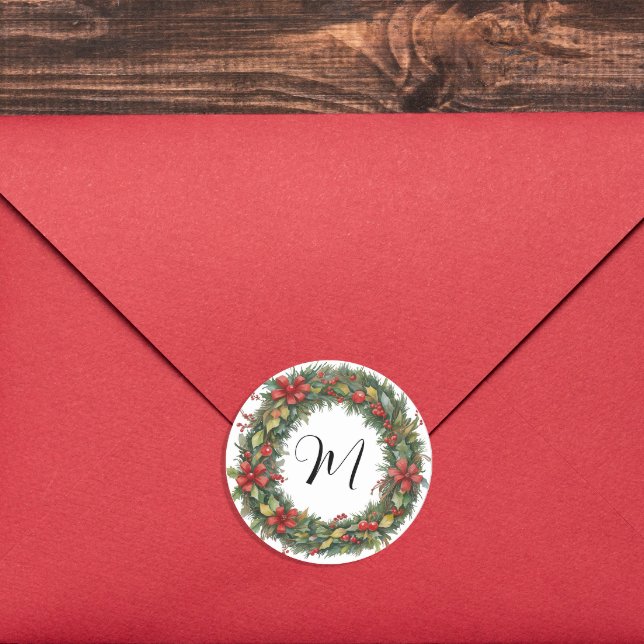 Sticker Rond Serrure De Noël Rétro Et Aquarelle Monogramme (Créateur téléchargé)