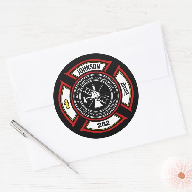 Sticker Rond Service d'incendie AJOUTER LE NOM Pompier Insigne  (Enveloppe)