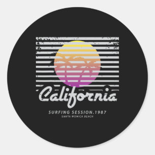 Sticker Rond Session de surf en Californie 1987 plage de Santa