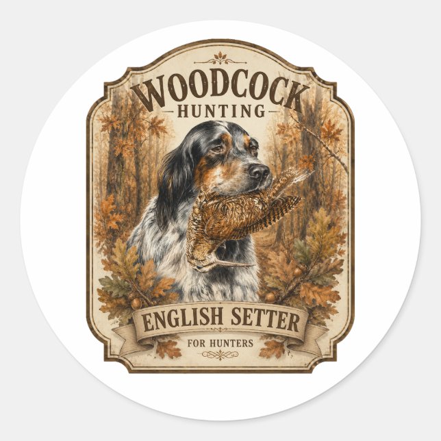 Sticker Rond Setter anglais, chasse à la bécasse  (Devant)