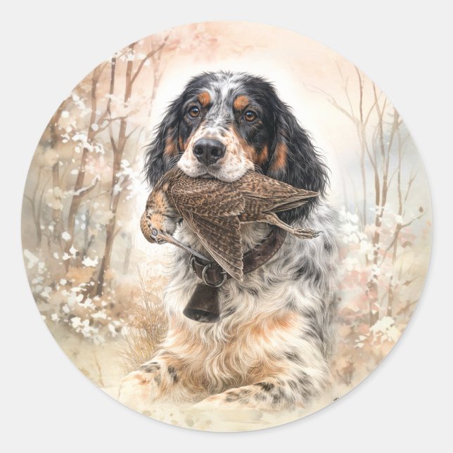 Sticker Rond Setter anglais, chasse à la bécasse ,Art canin (Devant)