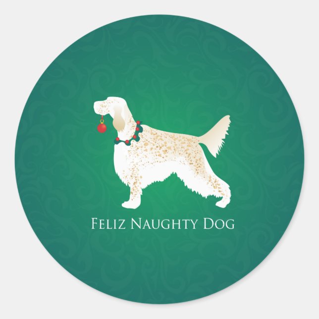 Sticker Rond Setter anglais Feliz Naughty Dog Noël (Devant)