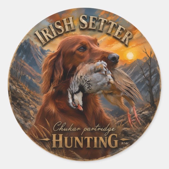 Sticker Rond Setter Irlandais avec Perdrix Chukar ,Art  (Devant)