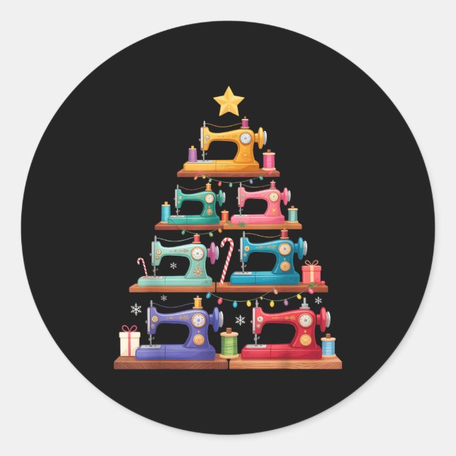 Sticker Rond Sewing Machine Christmas Tree Lights Santa Hat Xma (Devant)