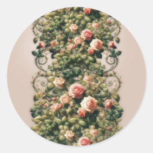 Sticker Rond Shabby Chic Rose Vins Floral Rose Élégant