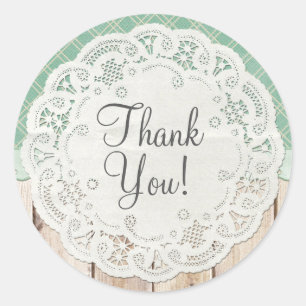 Sticker Rond Shabby Cottage Chic Doily sur Merci en bois rustiq