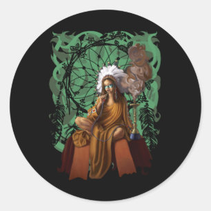 Sticker Rond Shaman féminin avec la tête   Dream Catcher