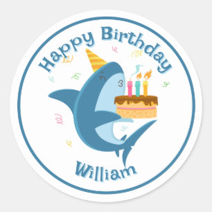 Sticker Rond Shark avec gâteau d'anniversaire