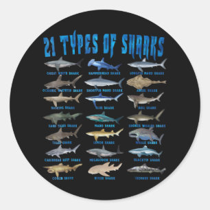 Sticker Rond Shark Lovers 21 Types of Sharks Ocean Animal