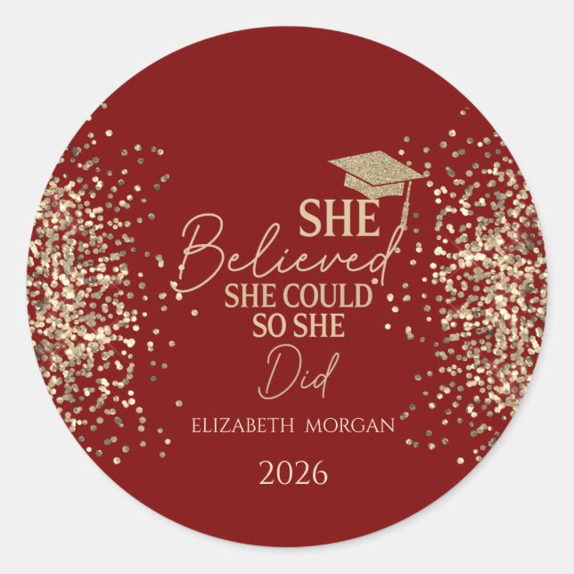 Sticker Rond  She Believed Gold Glitter Grad Cap,Dots Red (Devant)