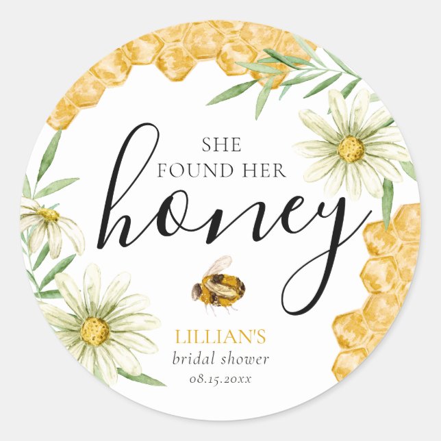 Sticker Rond She Found Her Honey Bee Daisy Floral Bridal Shower (Devant)