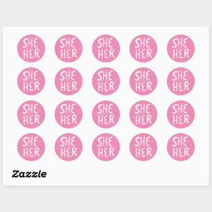 Sticker Rond SHE / HER Pronounounounounounounouns Pink Handlett