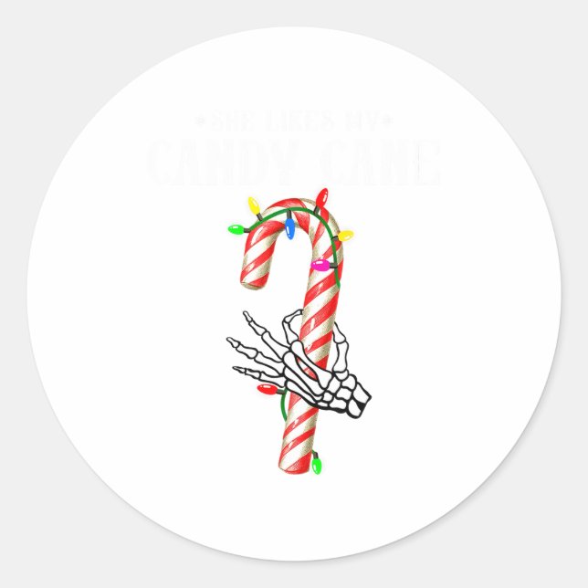 Sticker Rond She Likes My Candy Cane Skeleton Couples Christmas (Devant)